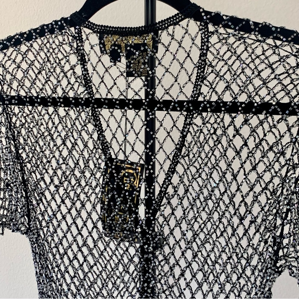 NWT Christine Phillipe Cali Couture Black & Iridescent Beaded Crochet Top Size M - Picture 5 of 6